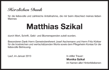Traueranzeige von Matthias Szikal von Pegnitz-Zeitung
